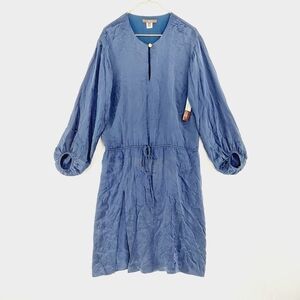 NEW Single Kelly Navy Blue Silk Long Sleeve Waist Drawcord Midi Dress P6734